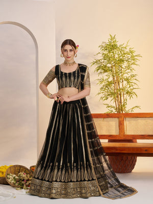 Rajwada Black Net Embroidered Semi Stitched Lehenga For Women