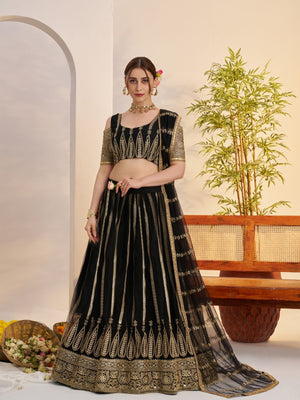 Rajwada Black Net Embroidered Semi Stitched Lehenga For Women