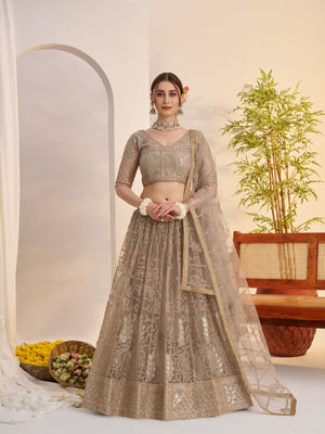 Rajwada Beige Net Embroidered Semi Stitched Lehenga For Women