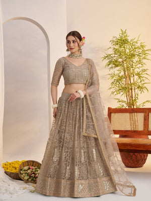 Rajwada Beige Net Embroidered Semi Stitched Lehenga For Women