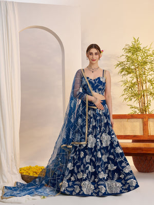 Rajwada Dark Blue Net Embroidered Semi Stitched Lehenga For Women