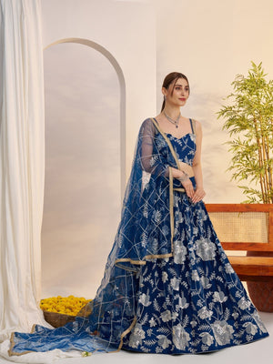 Rajwada Dark Blue Net Embroidered Semi Stitched Lehenga For Women