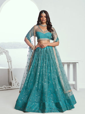 Rajwada Blue Net Embroidered Semi Stitched Lehenga For Women