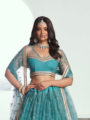 Rajwada Blue Net Embroidered Semi Stitched Lehenga For Women