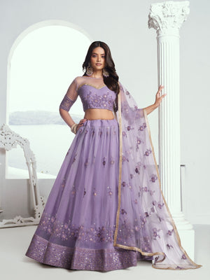 Rajwada Lavender Net Embroidered Semi Stitched Lehenga For Women