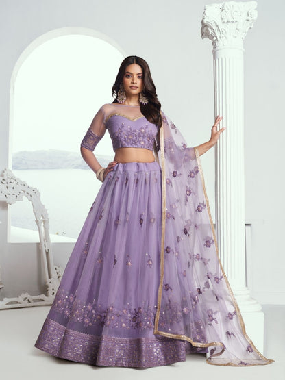 Rajwada Lavender Net Embroidered Semi Stitched Lehenga For Women