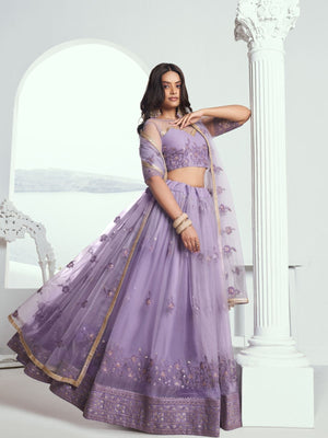Rajwada Lavender Net Embroidered Semi Stitched Lehenga For Women