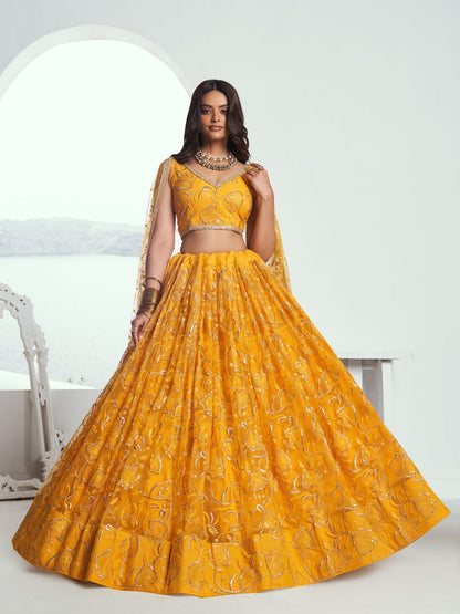 Rajwada Yellow Net Embroidered Semi Stitched Lehenga For Women