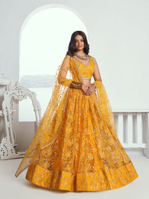 Rajwada Yellow Net Embroidered Semi Stitched Lehenga For Women