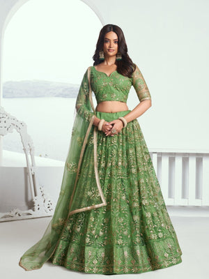 Rajwada Green Net Embroidered Semi Stitched Lehenga For Women