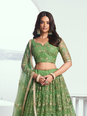 Rajwada Green Net Embroidered Semi Stitched Lehenga For Women