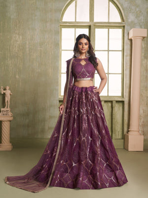 Rajwada Wine Net Embroidered Semi Stitched Lehenga For Women