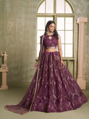 Rajwada Wine Net Embroidered Semi Stitched Lehenga For Women