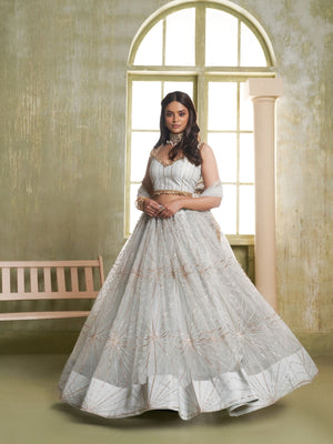 Rajwada Off White Net Embroidered Semi Stitched Lehenga For Women
