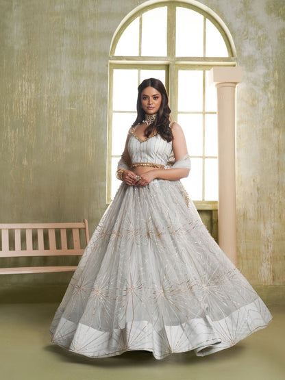 Rajwada Off White Net Embroidered Semi Stitched Lehenga For Women