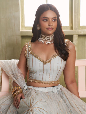 Rajwada Off White Net Embroidered Semi Stitched Lehenga For Women