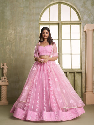 Rajwada Pink Net Embroidered Semi Stitched Lehenga For Women