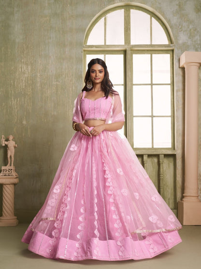 Rajwada Pink Net Embroidered Semi Stitched Lehenga For Women