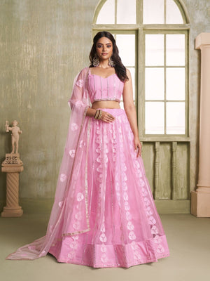 Rajwada Pink Net Embroidered Semi Stitched Lehenga For Women
