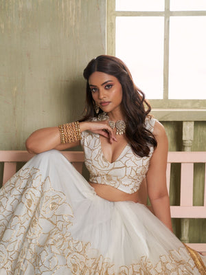 Rajwada White Net Embroidered Semi Stitched Lehenga For Women