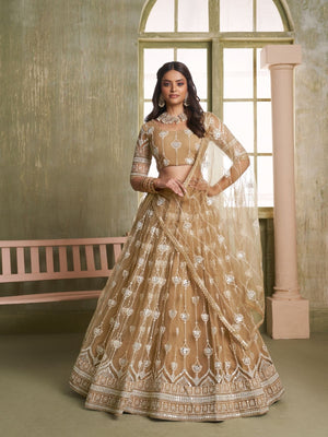 Rajwada Beige Net Embroidered Semi Stitched Lehenga For Women
