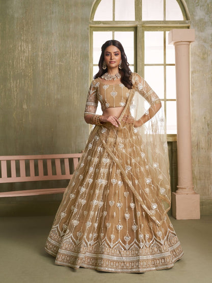 Rajwada Beige Net Embroidered Semi Stitched Lehenga For Women