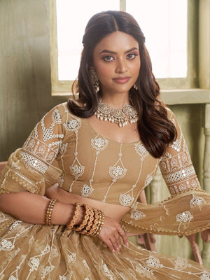 Rajwada Beige Net Embroidered Semi Stitched Lehenga For Women