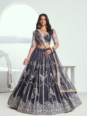 Rajwada Dark Grey Net Embroidered Semi Stitched Lehenga For Women