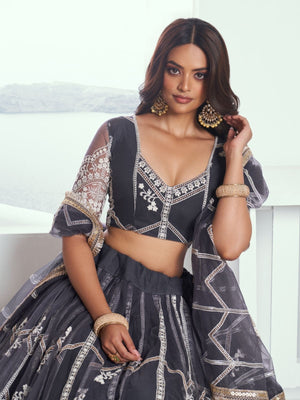 Rajwada Dark Grey Net Embroidered Semi Stitched Lehenga For Women