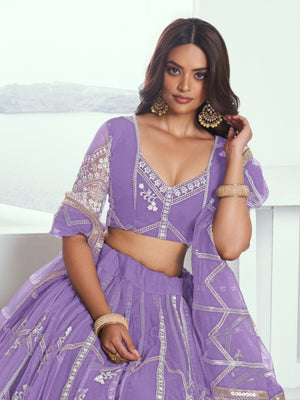 Rajwada Lavender Net Embroidered Semi Stitched Lehenga For Women