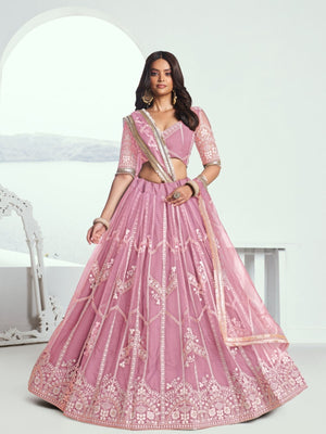 Rajwada Pink Net Embroidered Semi Stitched Lehenga For Women