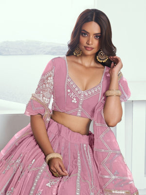 Rajwada Pink Net Embroidered Semi Stitched Lehenga For Women