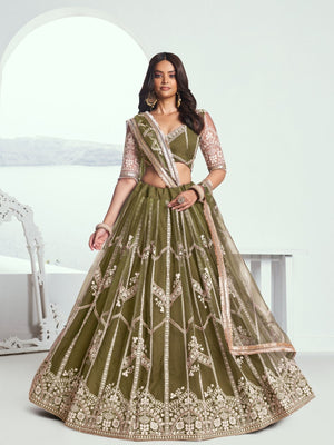 Rajwada Olive Net Embroidered Semi Stitched Lehenga For Women