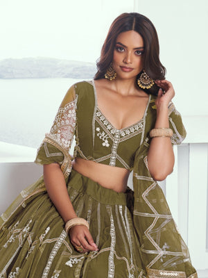 Rajwada Olive Net Embroidered Semi Stitched Lehenga For Women