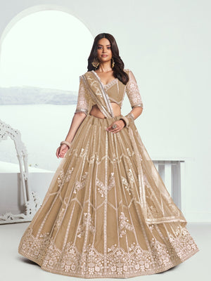 Rajwada Beige Net Embroidered Semi Stitched Lehenga For Women