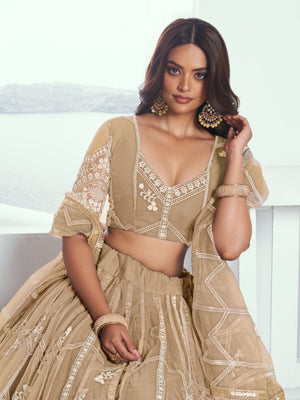 Rajwada Beige Net Embroidered Semi Stitched Lehenga For Women