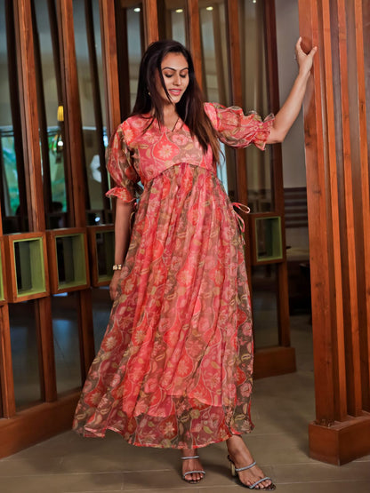 Rajwada Orange Organza Printed Indo Western Dress For Women