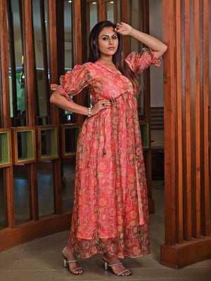 Rajwada Orange Organza Printed Indo Western Dress For Women
