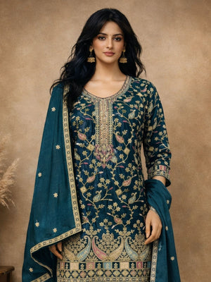 Rajwada Teal Blue Chinon Embroidered Semi-Stitched Kurta Set For Women