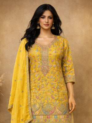 Rajwada Yellow Chinon Embroidered Semi-Stitched Kurta Set For Women