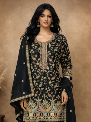 Rajwada Black Chinon Embroidered Semi-Stitched Kurta Set For Women