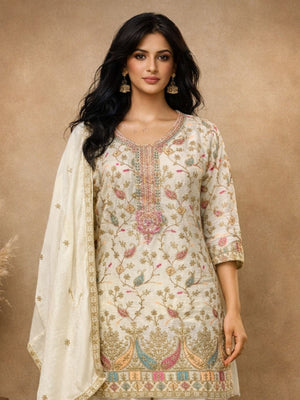 Rajwada White Chinon Embroidered Semi-Stitched Kurta Set For Women