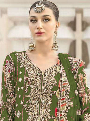 Rajwada Olive Chiffon Embellished Semi-Stitched Kurta Set For Women