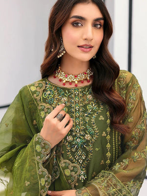 Rajwada Green Organza Embellished Semi-Stitched Kurta Set For Women