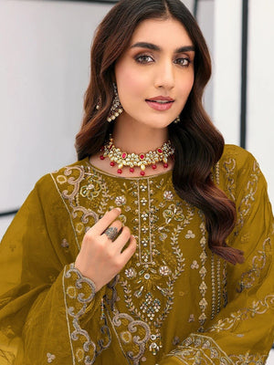 Rajwada Olive Organza Embellished Semi-Stitched Kurta Set For Women