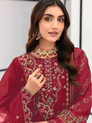 Rajwada Red Organza Embellished Semi-Stitched Kurta Set For Women