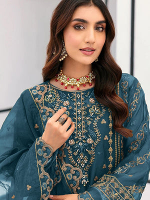 Rajwada Teal Blue Organza Embellished Semi-Stitched Kurta Set For Women