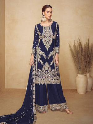 Rajwada Navy Blue Chinon Embellished Semi-Stitched Kurta Set For Women