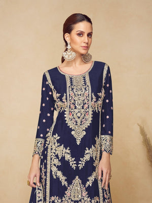 Rajwada Navy Blue Chinon Embellished Semi-Stitched Kurta Set For Women