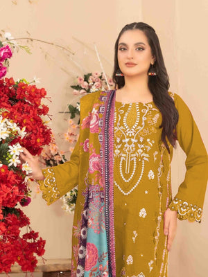 Rajwada Mustard Cotton Embroidered Semi-Stitched Kurta Set For Women